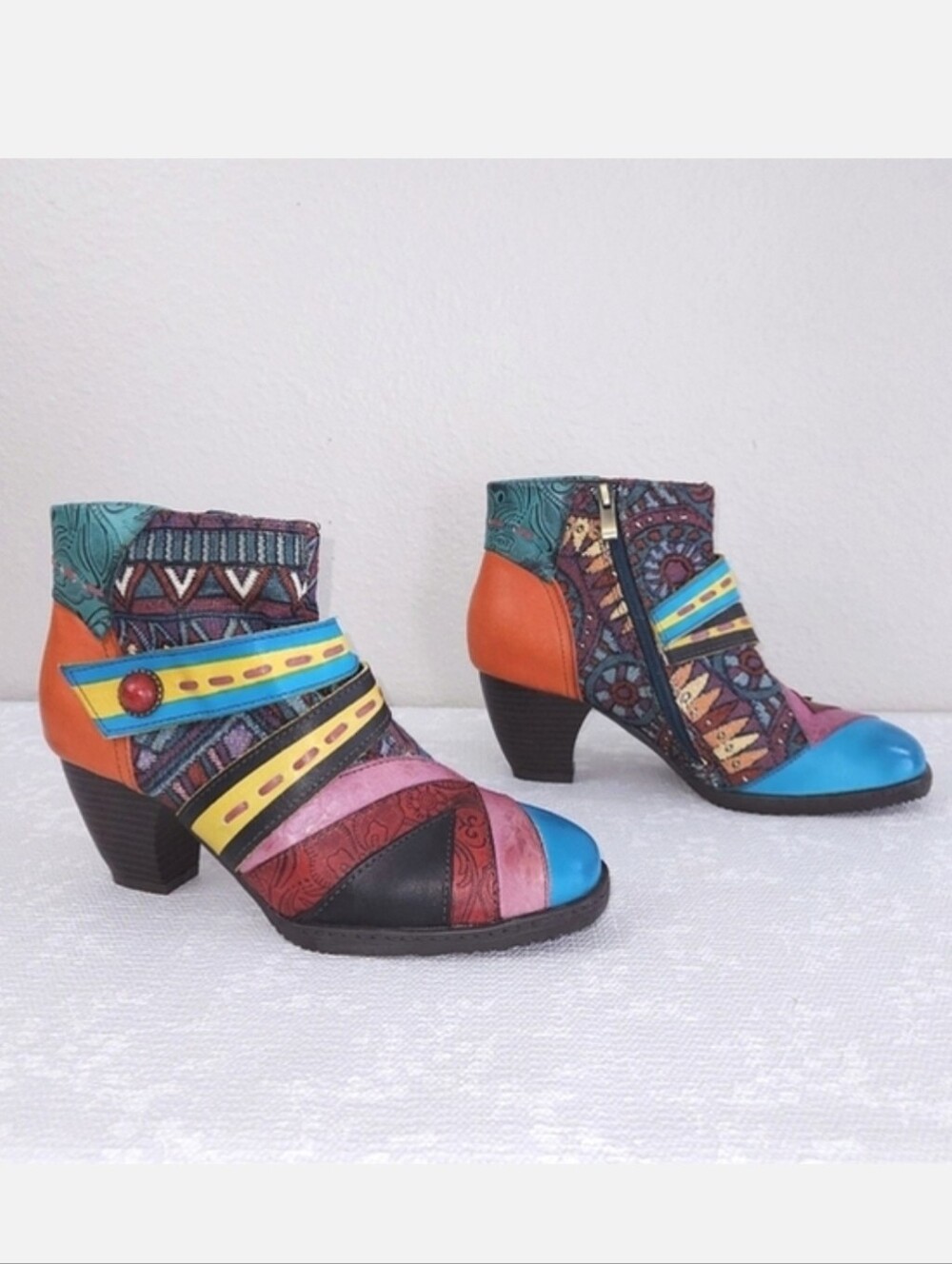 New! SOCOFY Patchwork Ankle Booties Retro Tapestry Heeled Boots